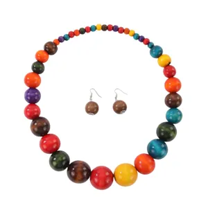 Collier élastique en perles de bois colorées style bohème et boucles d'oreilles femmes