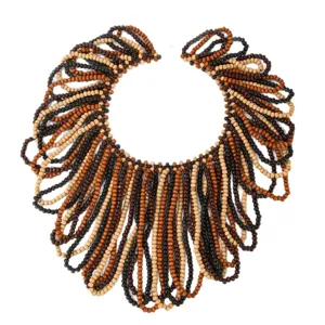 African style bohemian vintage handmade wooden bead statement layered necklace for women.