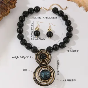 Handmade aluminum wire resin bead necklace earrings set fashion jewelry for women 45+7cm