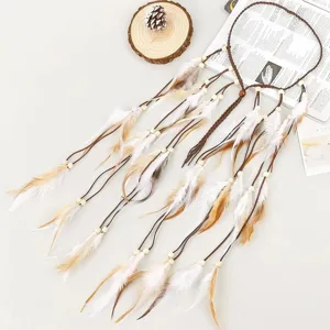 Bohemian feather tassel headband detail view, boho long hair accessories for women.