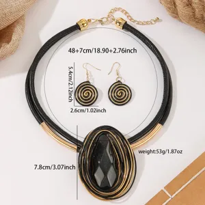 European and American retro leather rope resin stone wire woven necklace and earrings set