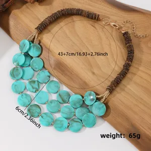 Meerlaagse acryl turquoise schijf houten kralen statement ketting voor dames mode sieraden.
