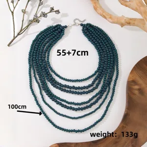 Multi-layer wooden bead long sweater chain necklace, vintage boho style statement jewelry.