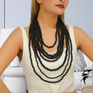 Bohemian multi-layer black wooden bead long necklace sweater chain fashion jewelry.