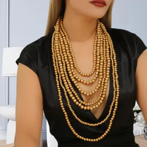 Bohemian multi-layer wooden bead long sweater chain fashion necklace for women daily wear