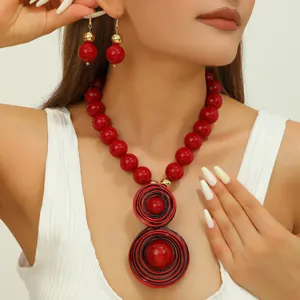 Handmade red resin bead statement necklace and earrings set for women fashion style