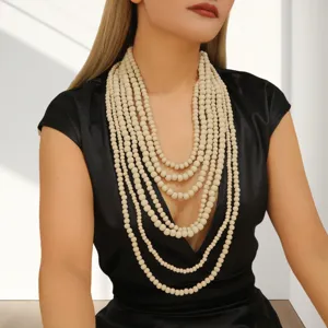 Bohemian multi-layer wooden bead long necklace sweater chain for women fashion apparel.