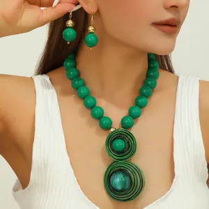 Green resin bead statement necklace and dangle earrings jewelry set for women fashion.