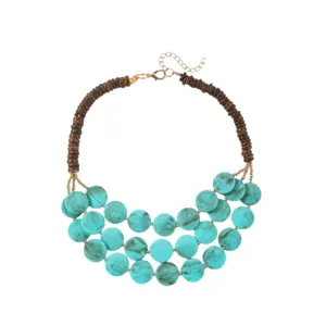Gelaagde blauwe acryl schijf en houten kraal statement ketting voor dames mode sieraden.