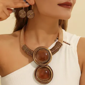 European American Geometric Resin Gemstone Aluminum Wire Braided Necklace Earrings Set Fashion Jewelry Gift