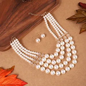 Détail de l'ensemble collier et boucles d'oreilles en fausses perles multicouches.