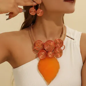 Handmade orange wire woven necklace earrings set fashion exaggerated jewelry detail view