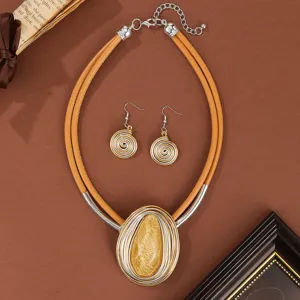 Cross-border fashion jewelry set with leather cord teardrop pendant necklace and earrings.