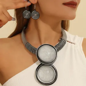 Geometric Round Resin Gemstone Aluminum Wire Woven Necklace Earrings Set for Women