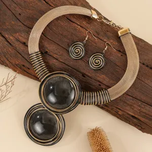 Geometric resin gemstone aluminum wire woven statement necklace and earrings set for women fashion