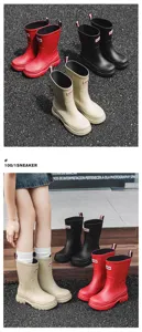 Detail shot of women's waterproof mid-calf rain boots, casual slip-on design for outdoor activities.