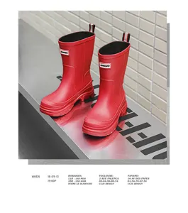 Red waterproof mid-calf rain boots, slip-on design with thick anti-slip sole for women daily use.