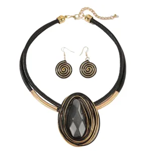 European and American popular leather rope waterdrop resin gemstone necklace and earrings set.