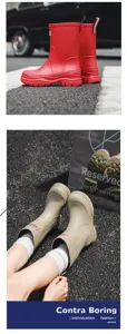 Detail shot of waterproof mid-calf rubber rain boots, anti-slip outdoor footwear.