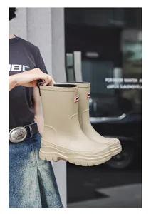 Casual solid mid-calf rain boots for women waterproof slip-on shoes for camping and car washing