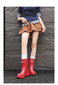 Women mid-calf rain boots solid color waterproof slip-on shoes for rainy days camping