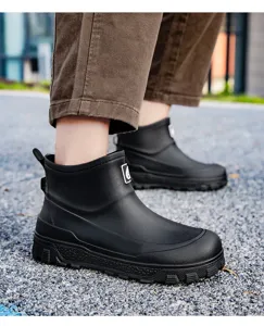 Men's waterproof short rain boots, non-slip rubber work shoes for outdoor fishing and daily wear.
