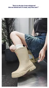 Solid color mid-calf rain boots for women, waterproof slip-on shoes for daily and camping.