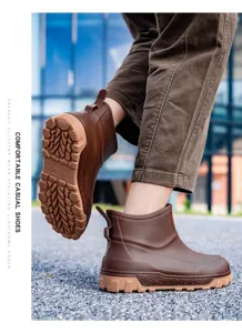 Men's waterproof short rain boots, trendy casual outdoor non-slip rubber shoes detail.