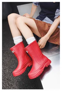 Women solid color mid-calf rain boots, waterproof non-slip slip-on wellies for outdoor work.