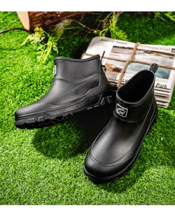 Men black waterproof short rain boots for outdoor work, anti-slip rubber fishing shoes.