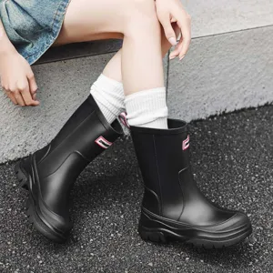 Women mid-calf rain boots solid color waterproof slip-on boots for daily outdoor work