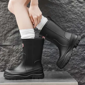 Women's black mid-calf rain boots, waterproof slip-on wellies for outdoor walking and gardening.