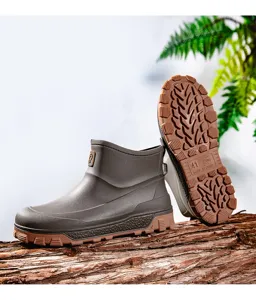 Men's waterproof short rain boots, non-slip outdoor work fishing shoes in dark grey.