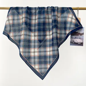 Sciarpa quadrata a quadri blu da donna, 100% cotone retro foulard estivo e elegante scialle.