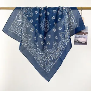 Vintage dark blue paisley cotton bandana for women, classic square scarf for stylish summer neckwear.