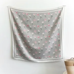 Elegant rose printed imitation silk square scarf detail, lightweight feminine shawl.