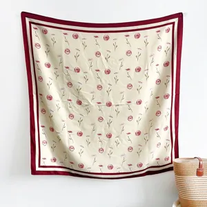 Korean style elegant floral print square silk scarf for women, thin lightweight luxury shawl.
