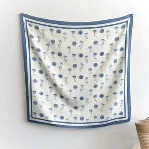 Korean style elegant blue rose print imitation silk square scarf for women fashionable shawl.