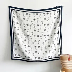 Silk feel square scarf with black and white rose print, chic women accessory for daily wear.