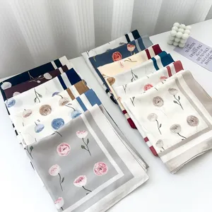 Korean Style Elegant Rose Floral Print Satin Square Scarf For Women Lightweight Luxury Scarf Shawl