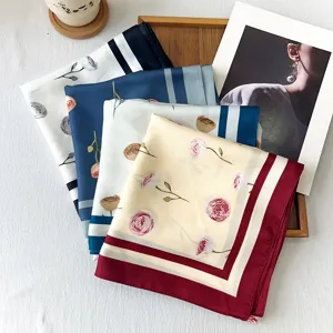 Korean style high-end imitation silk square scarf with elegant rose floral print and chic border.