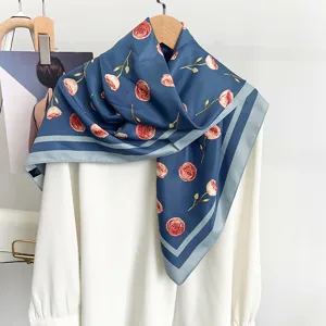 Korean style elegant blue rose print faux silk square scarf, soft luxury shawl for women.