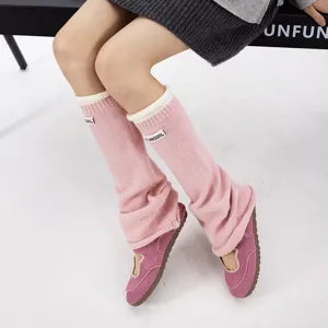 Pink knit leg warmers for women autumn winter stylish stacked socks cute cloth label design