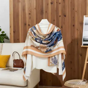 Elegant cotton linen floral scarf for women, lightweight summer sun protection shawl wrap.