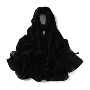 Black chiffon scarf detail, lightweight sheer fabric, elegant long shawl for women commuting.