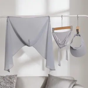 Chiffon sun protection 3-piece set including shawl cap and visor in solid light gray color.