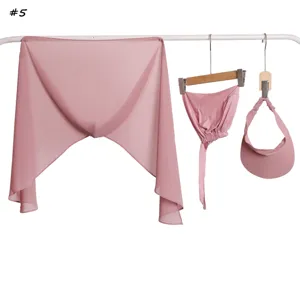 Pink solid color chiffon Muslim hijab and sun visor hat 3-piece set for daily wear.