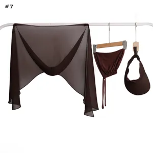 Detail view of the brown chiffon three piece set featuring magnetic scarf, visor and inner cap.