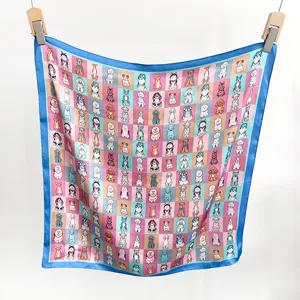 Women cute cartoon puppy print square scarf summer fashion sweet silk neckerchief headscarf
