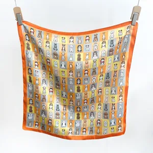 Cute cartoon puppy printed square silk scarf for women, stylish sweet neckerchief.